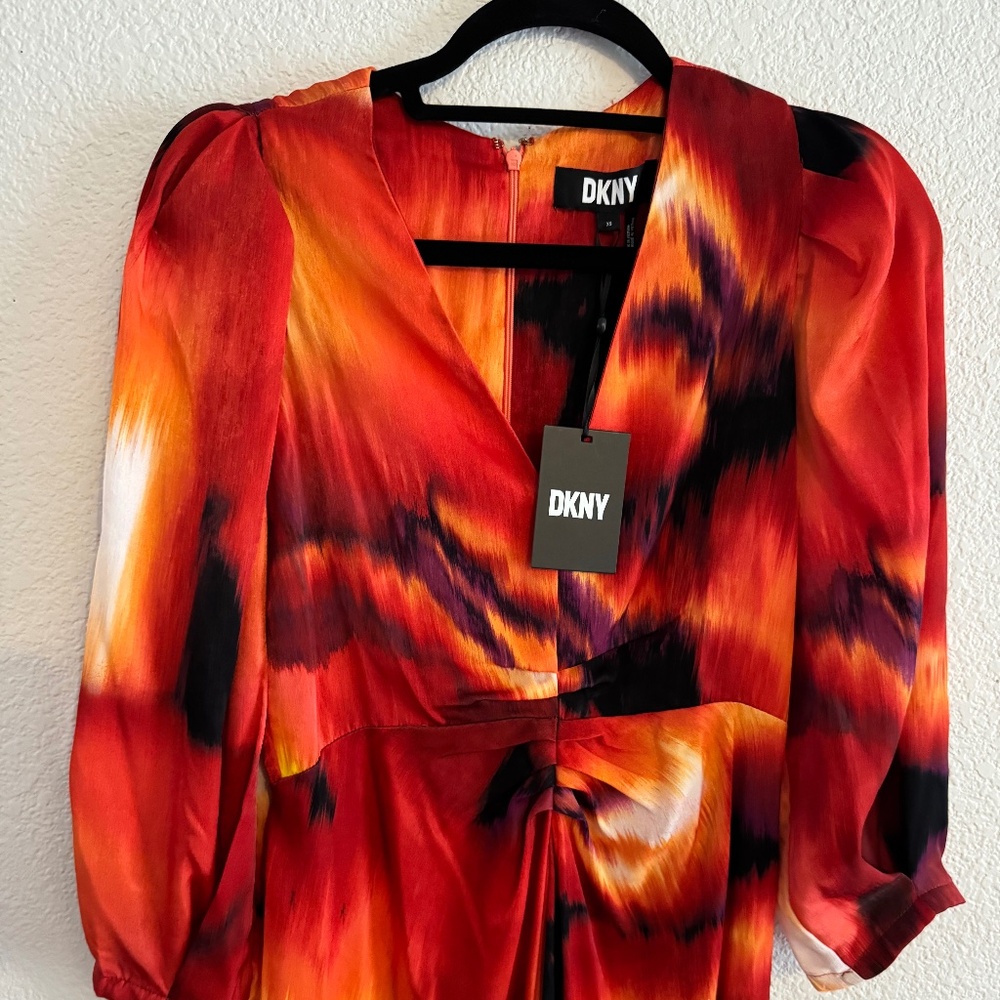 DKNY Womens Printed Puff Sleeves Midi Dress